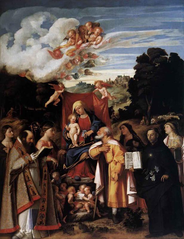 Giovanni Cariani Virgin Enthroned with Angels and Saints Norge oil painting art